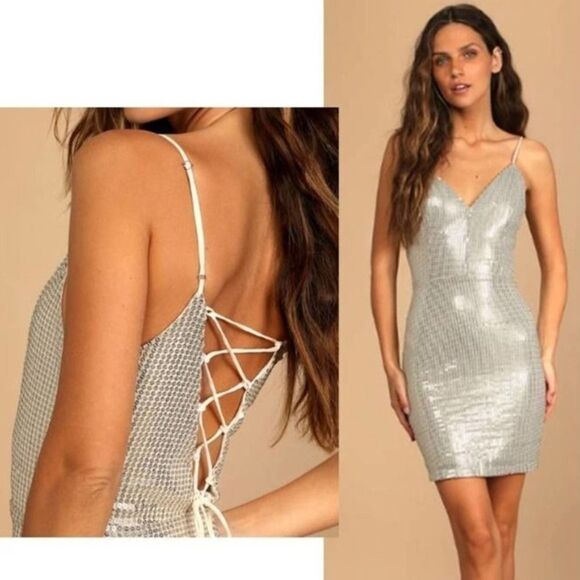 Lulus Women's All Over Sequin Lace-Up Bodycon  Silhouette Mini Dress‎ Large - Picture 2 of 6